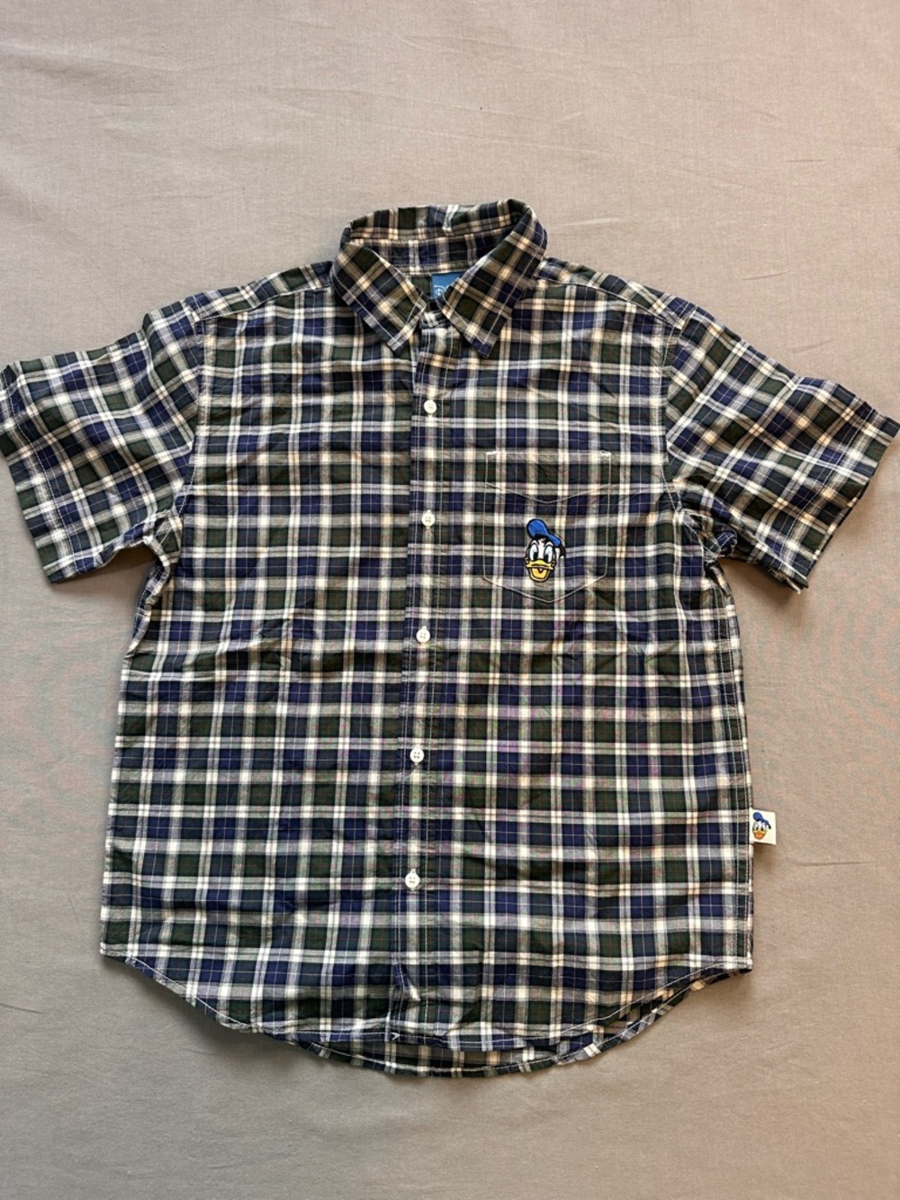 Disney VINTAGE Navy & Green Plaid Short-Sleeve Shirt with Donald Patch